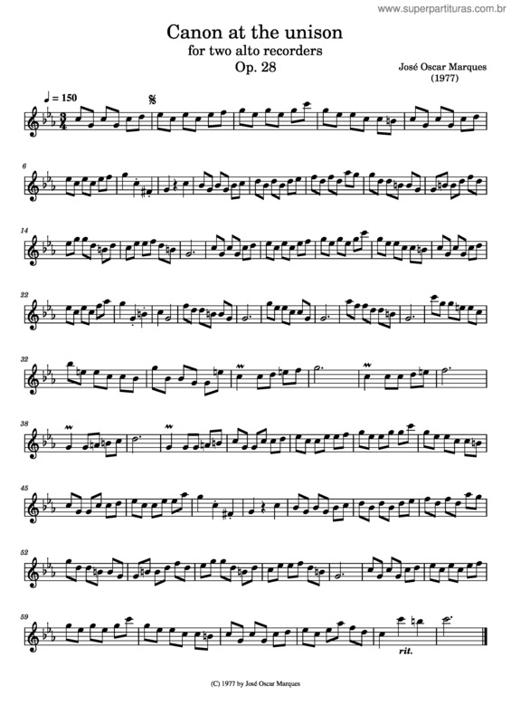 Partitura da música J. O. Marques: Canon At The Unison For 2 Alto Recorders