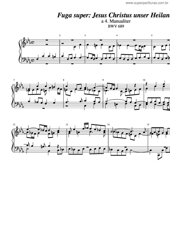 Partitura da música J. S. Bach: Fuga Super: Jesus Christus Unser Heiland, Bwv 689