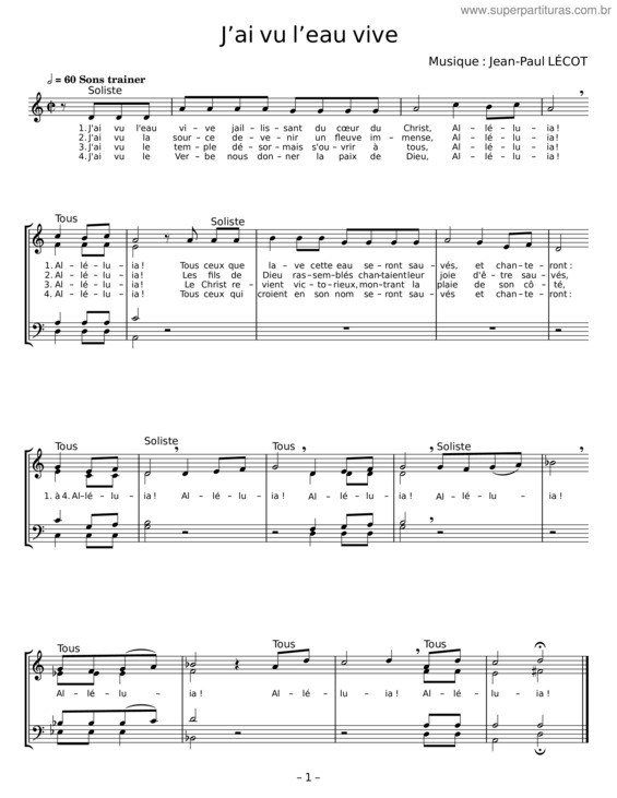 Partitura da música J`Ai Vu L`Eau Vive – Jean–Paul Lécot