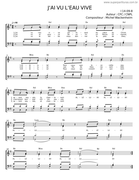 Partitura da música J`Ai Vu L`Eau Vive – Michel Wackenheim