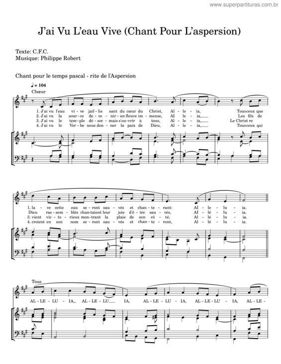 Partitura da música J`Ai Vu L`Eau Vive – Philippe Robert