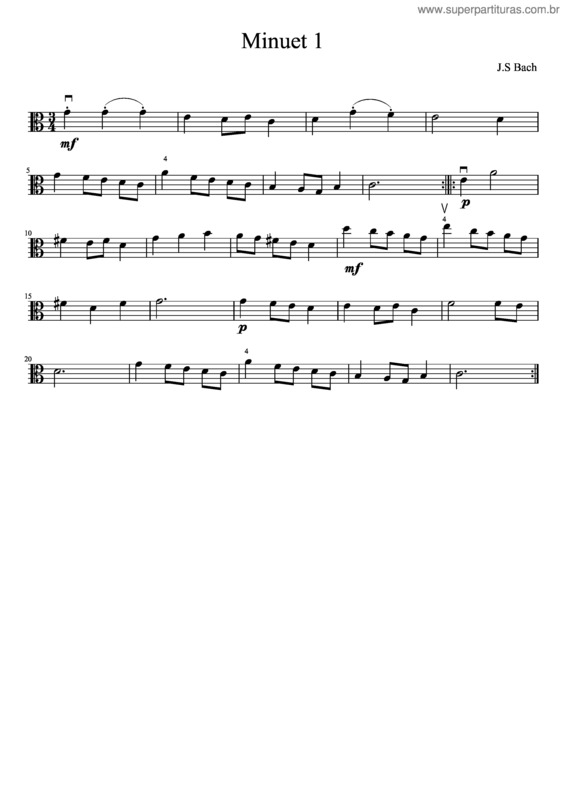 Partitura da música J.S. Bach Minuet 1 – Viola
