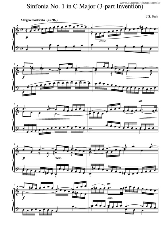 Partitura da música J.S. Bach Sinfonia No. 1 In C Major