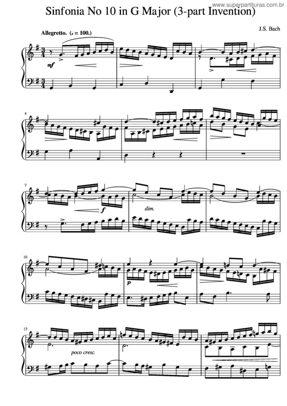 Partitura da música J.S. Bach Sinfonia No. 10 In G Major