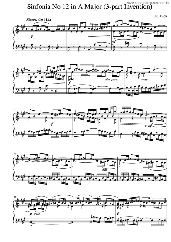 Partitura da música J.S. Bach Sinfonia No. 12 In A Major