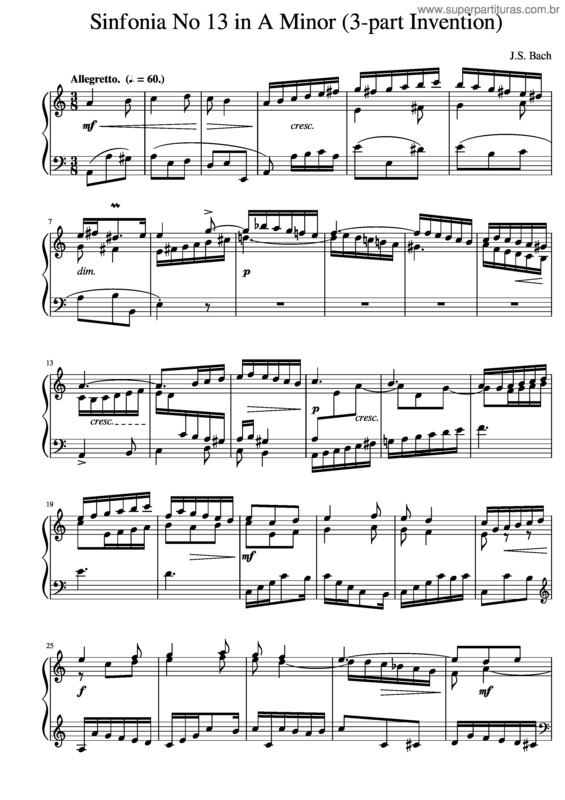 Partitura da música J.S. Bach Sinfonia No. 13 In A Minor