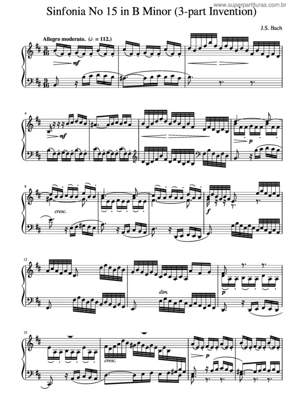 Partitura da música J.S. Bach Sinfonia No. 15 In B Minor