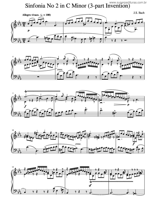 Partitura da música J.S. Bach Sinfonia No. 2 In C Minor