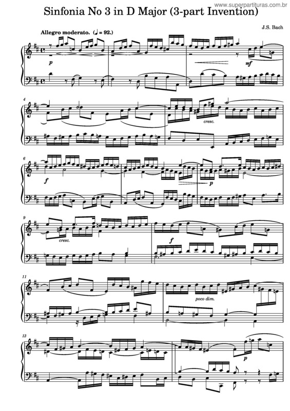 Partitura da música J.S. Bach Sinfonia No. 3 In D Major