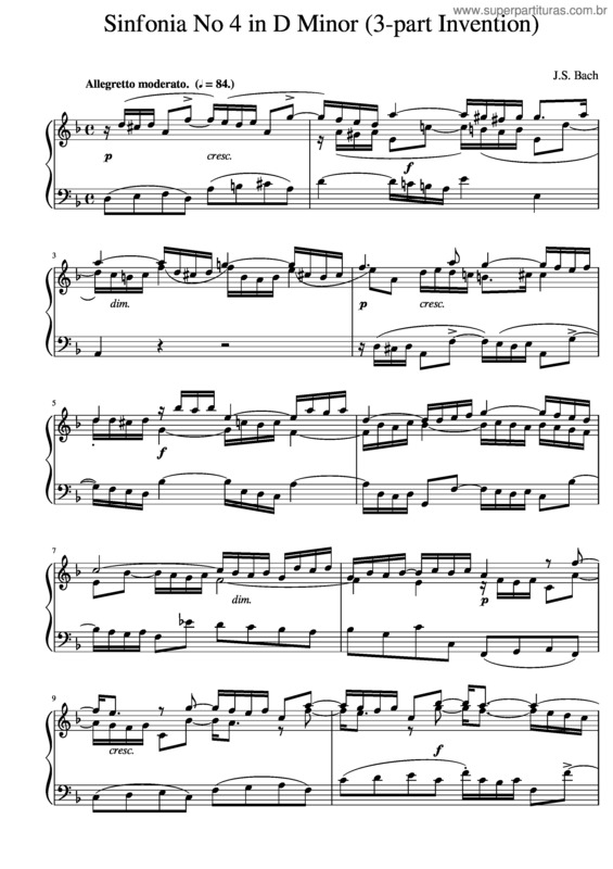 Partitura da música J.S. Bach Sinfonia No. 4 In D Minor