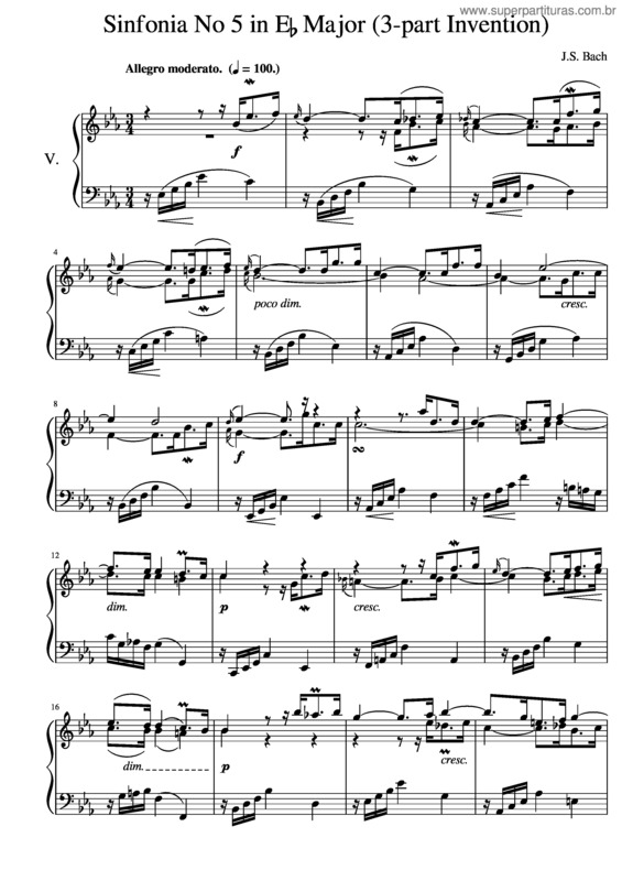 Partitura da música J.S. Bach Sinfonia No. 5 In E Flat Major