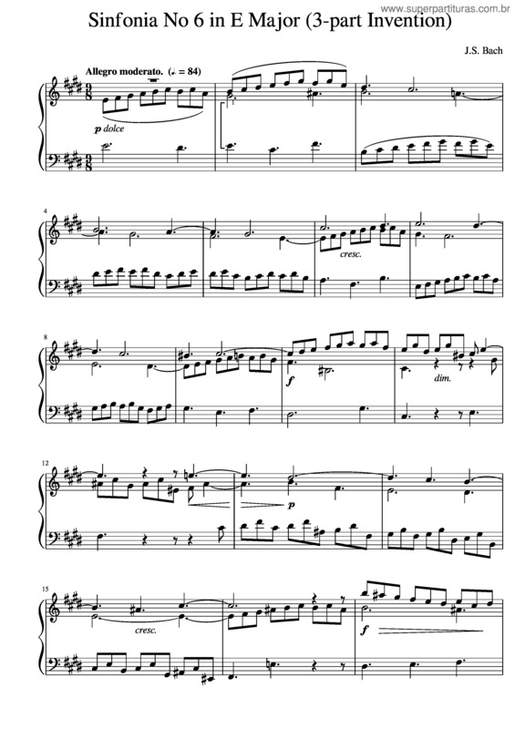 Partitura da música J.S. Bach Sinfonia No. 6 In E Major