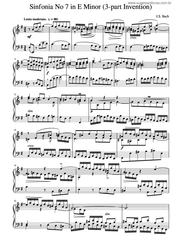 Partitura da música J.S. Bach Sinfonia No. 7 In E Minor
