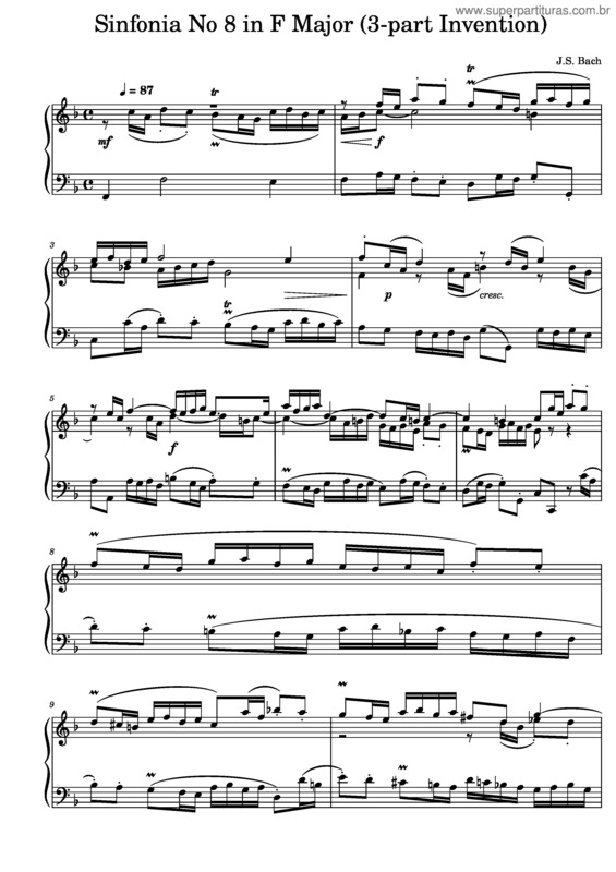 Partitura da música J.S. Bach Sinfonia No. 8 In F Major v.2