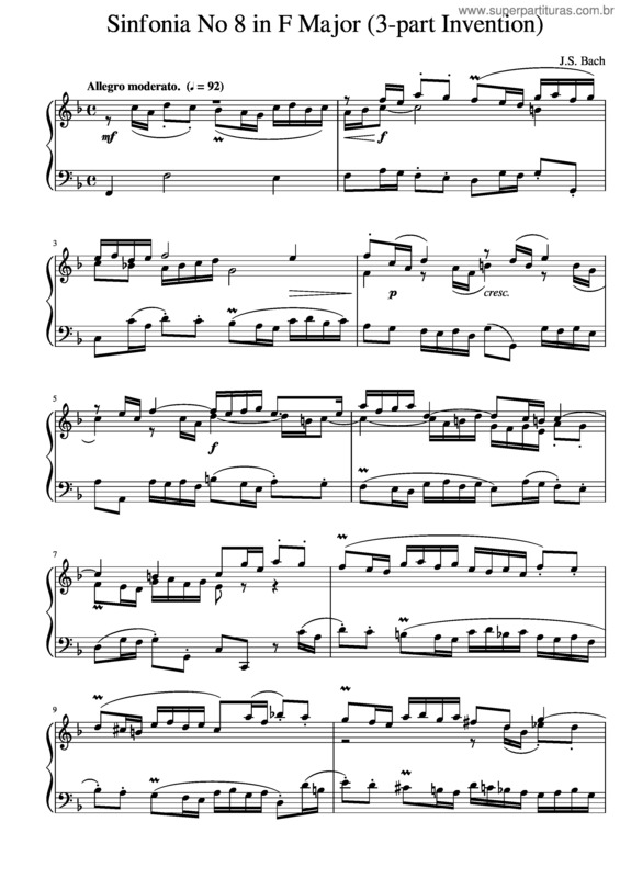 Partitura da música J.S. Bach Sinfonia No. 8 In F Major
