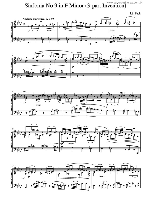 Partitura da música J.S. Bach Sinfonia No. 9 In F Minor