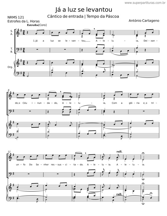 Partitura da música Já A Luz Se Levantou – António Cartageno