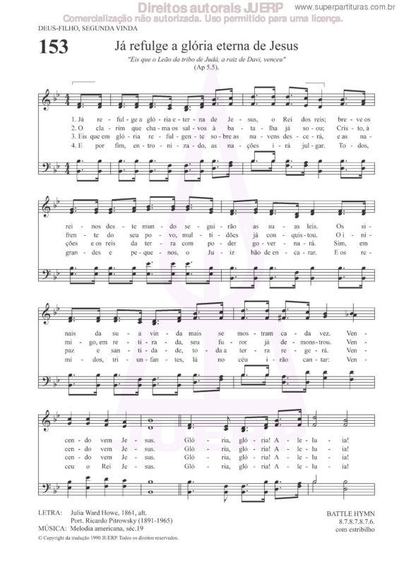 Partitura da música Já Refulge A Glória Eterna De Jesus - 153 HCC v.2