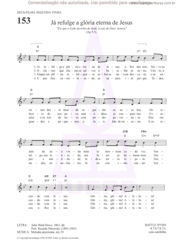 Partitura da música Já Refulge A Glória Eterna De Jesus - 153 HCC