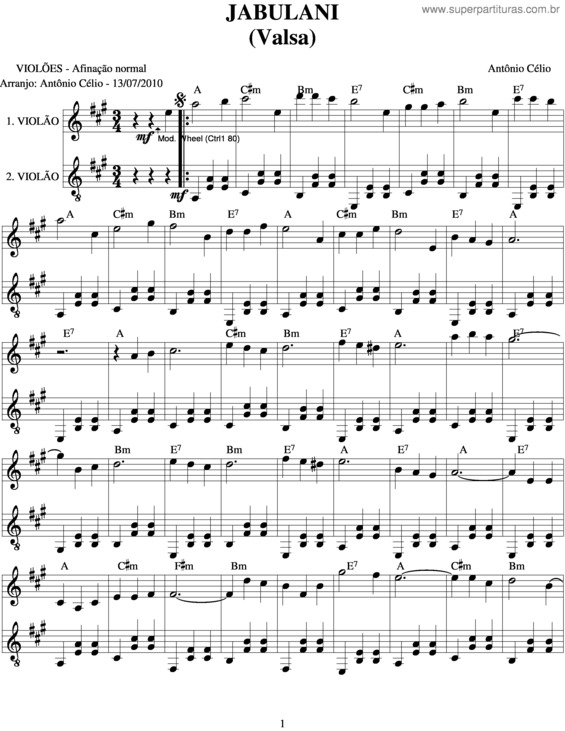 Partitura da música Jabulani