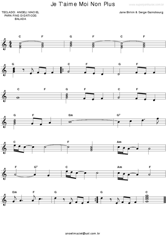 Partitura da música Je T`Aime Moi Non Plus