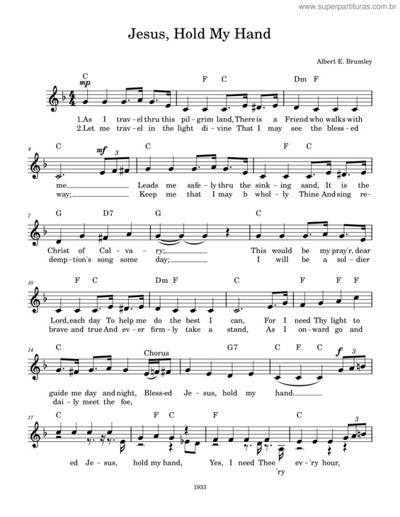 Partitura da música Jesus, Hold My Hand Key Of F With Chords