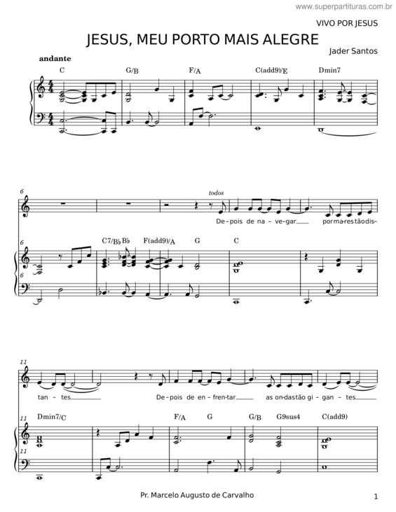 Partitura da música Jesus, Meu Porto Mais Alegre – Jader Santos