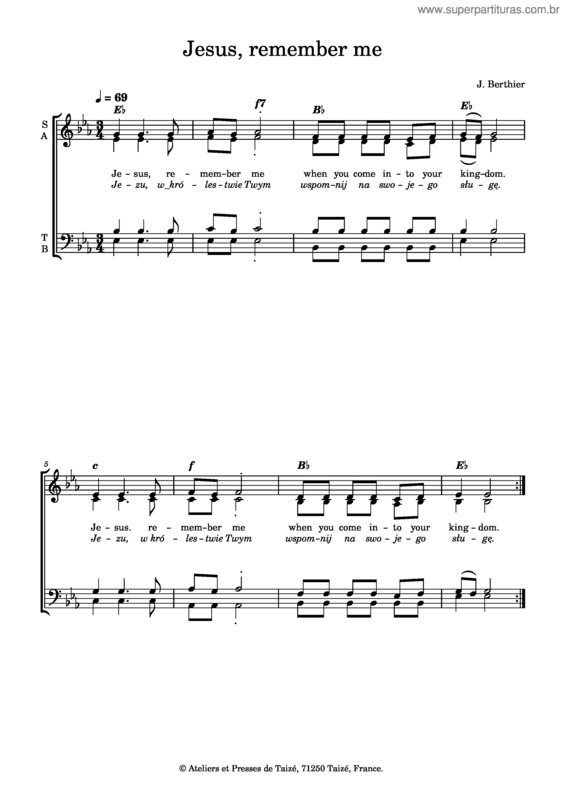 Partitura da música Jesus, Remember Me – Taizé