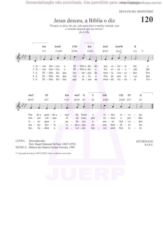 Partitura da música Jesus Desceu, A Bíblia O Diz - 120 HCC