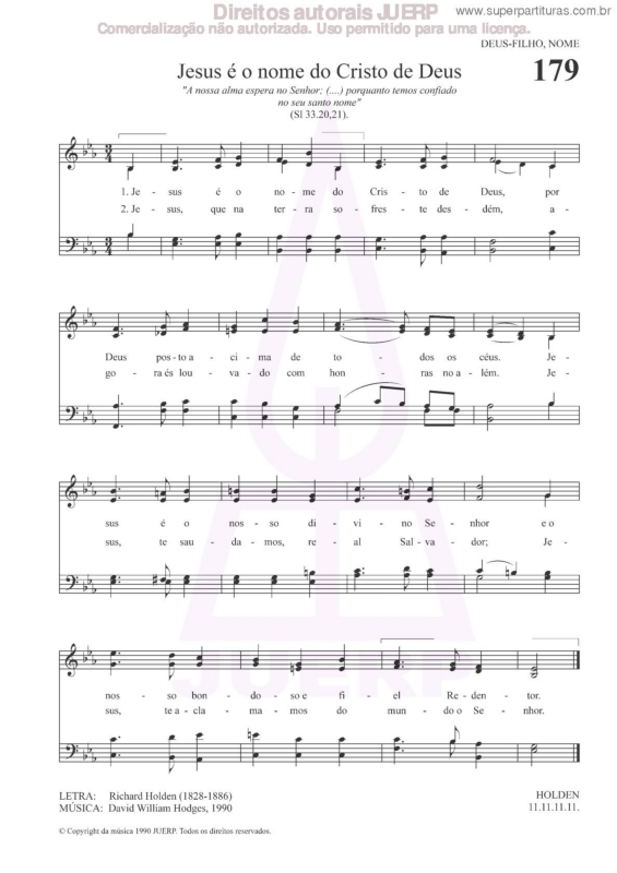 Partitura da música Jesus É O Nome Do Cristo De Deus - 179 HCC v.2