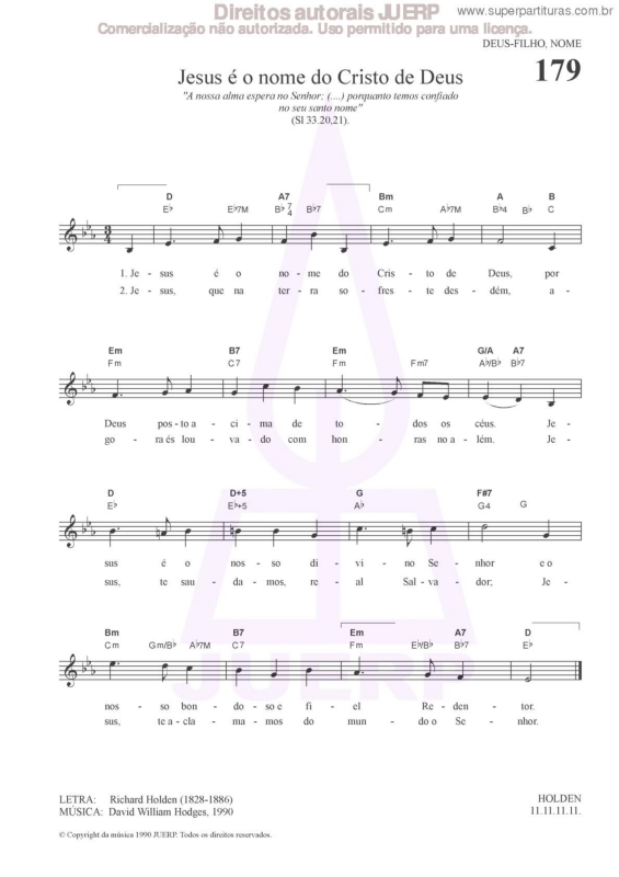 Partitura da música Jesus É O Nome Do Cristo De Deus - 179 HCC