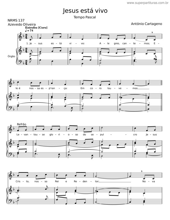 Partitura da música Jesus Está Vivo – António Cartageno