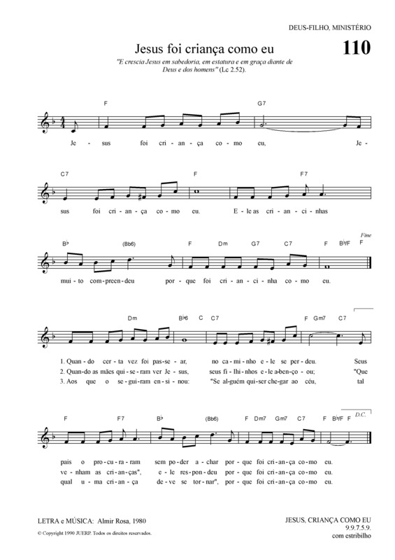 Partitura da música Jesus Foi Criança Como Eu