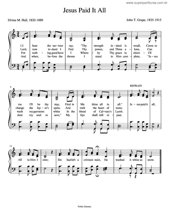 Partitura da música Jesus Paid It All-Key C