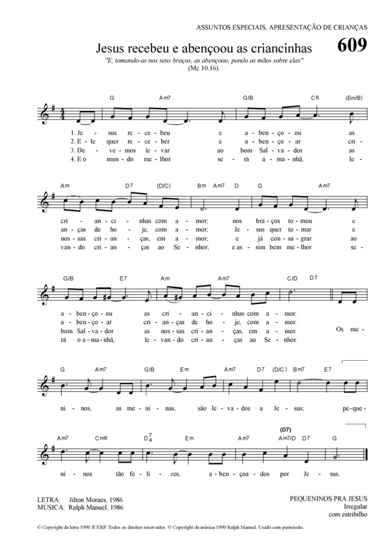 Partitura da música Jesus Recebeu E Abençoou As Criancinhas