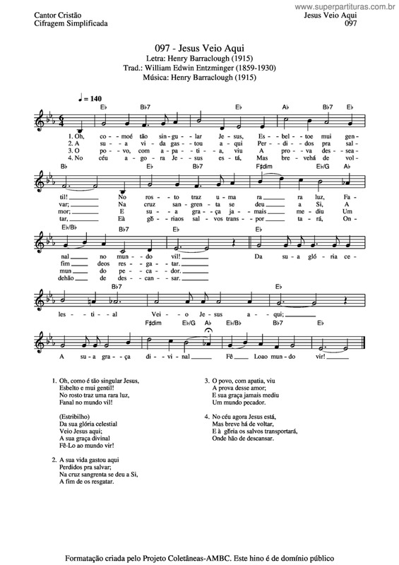 Partitura da música Jesus Veio Aqui