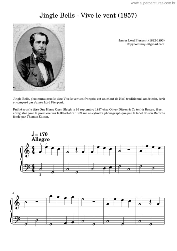 Partitura da música Jingle Bells – James Pierpont – Vive Le Vent