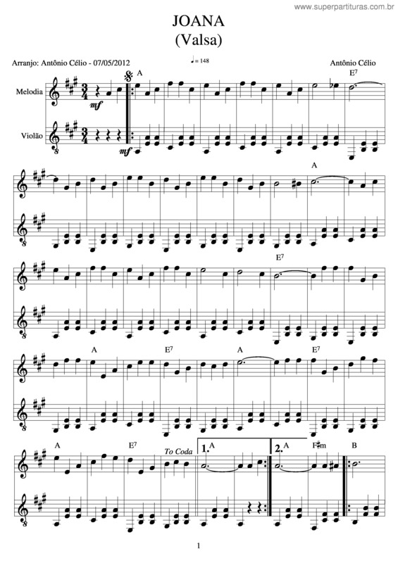 Partitura da música Joana