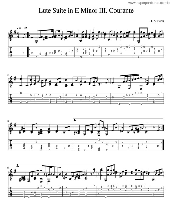 Partitura da música Johann Sebastian Bach Lute Suite In E Minor Iii. Courante