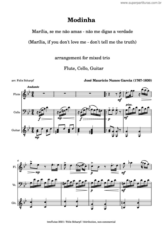 Partitura da música José Maurício Nunes Garcia – Modinha – Arr. For Flute, Cello, Guitar