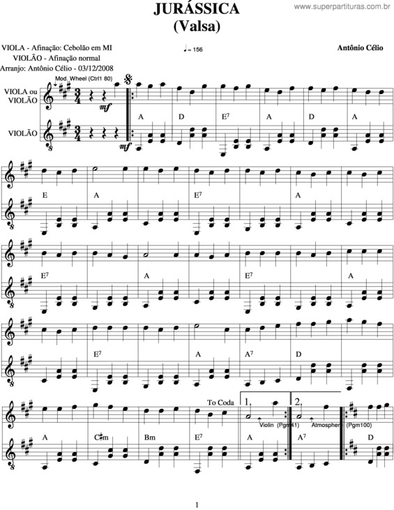 Partitura da música Jurássica