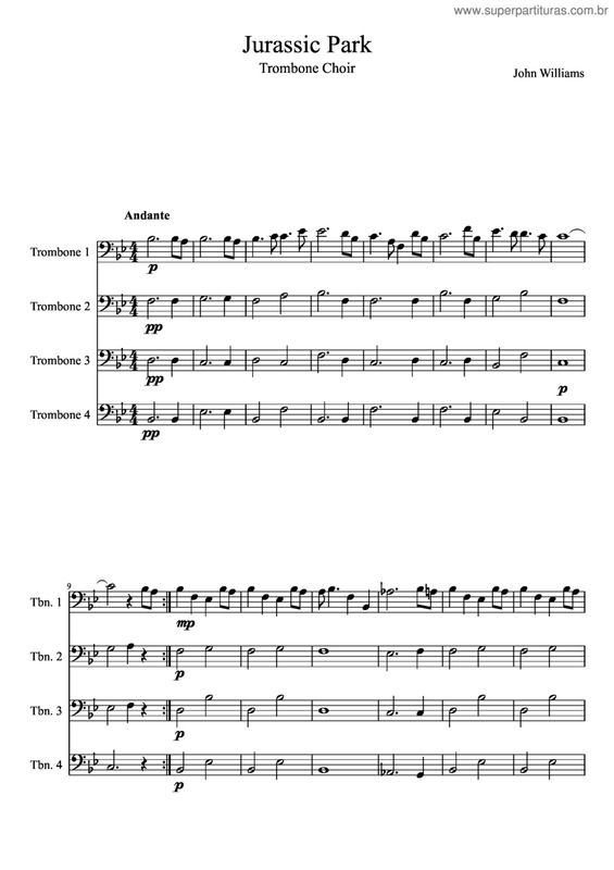 Partitura da música Jurrasic Park (Quarteto Trombone)