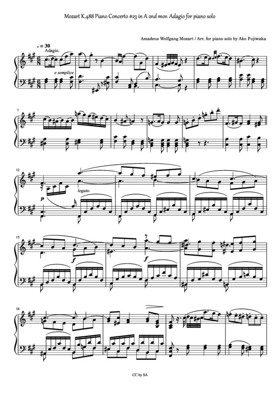 Partitura da música K.488 Piano Concerto 23 in A (2nd mov. Adagio)
