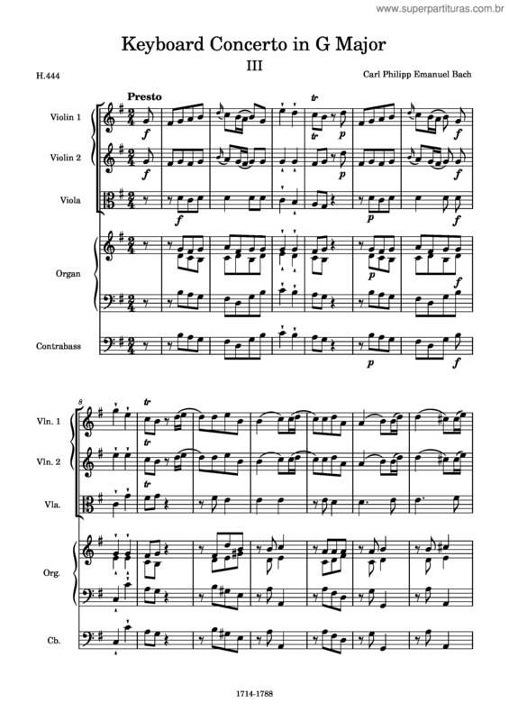 Partitura da música Keyboard Concerto In G Major, Wq. 34, H.444, Iii. Presto – Carl Philipp Emanuel Bach