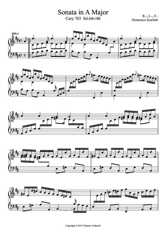 Partitura da música Keyboard Sonata In A Major Cary 703