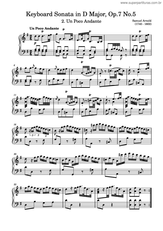 Partitura da música Keyboard Sonata In D Major, Op.7 No.5 – Samuel Arnold