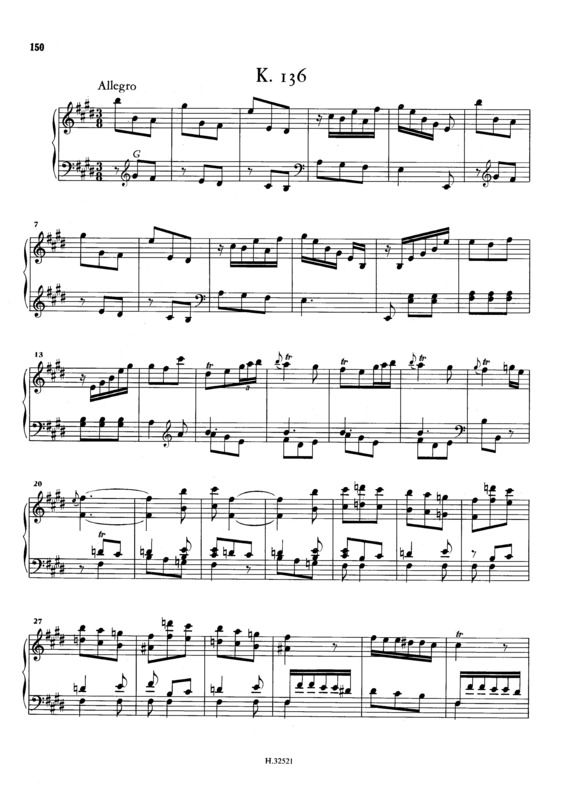 Partitura da música Keyboard Sonata In E Major K.136