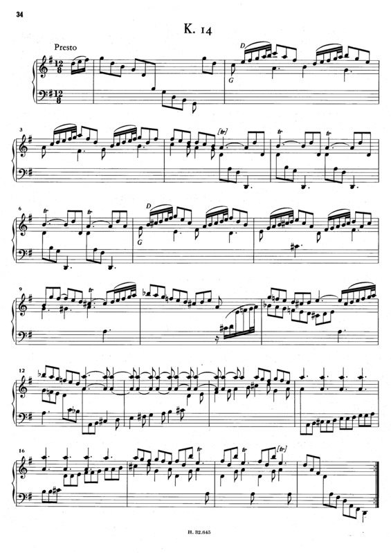 Partitura da música Keyboard Sonata In G Major K.14