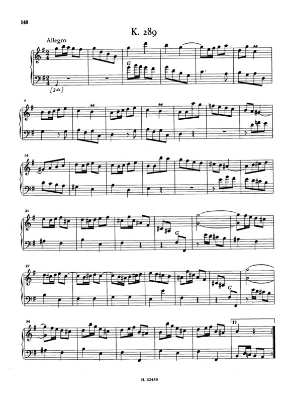 Partitura da música Keyboard Sonata In G Major K.289