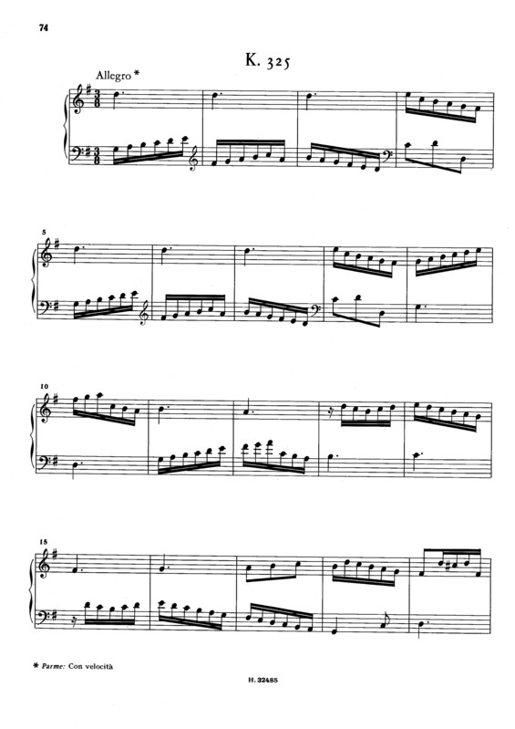 Partitura da música Keyboard Sonata In G Major K.325